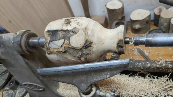 Image of a burl mounted on an old wood lathe